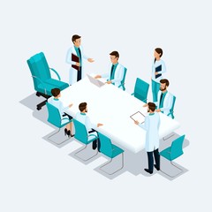 Set Isometric health care providers, surgeons, nurse, doctor at a consultation, discussion, brainstorming isolated on a light background