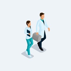 Isometric Doctor surgeon and nurse, hospital staff isolated on a light background. Vektor illustration