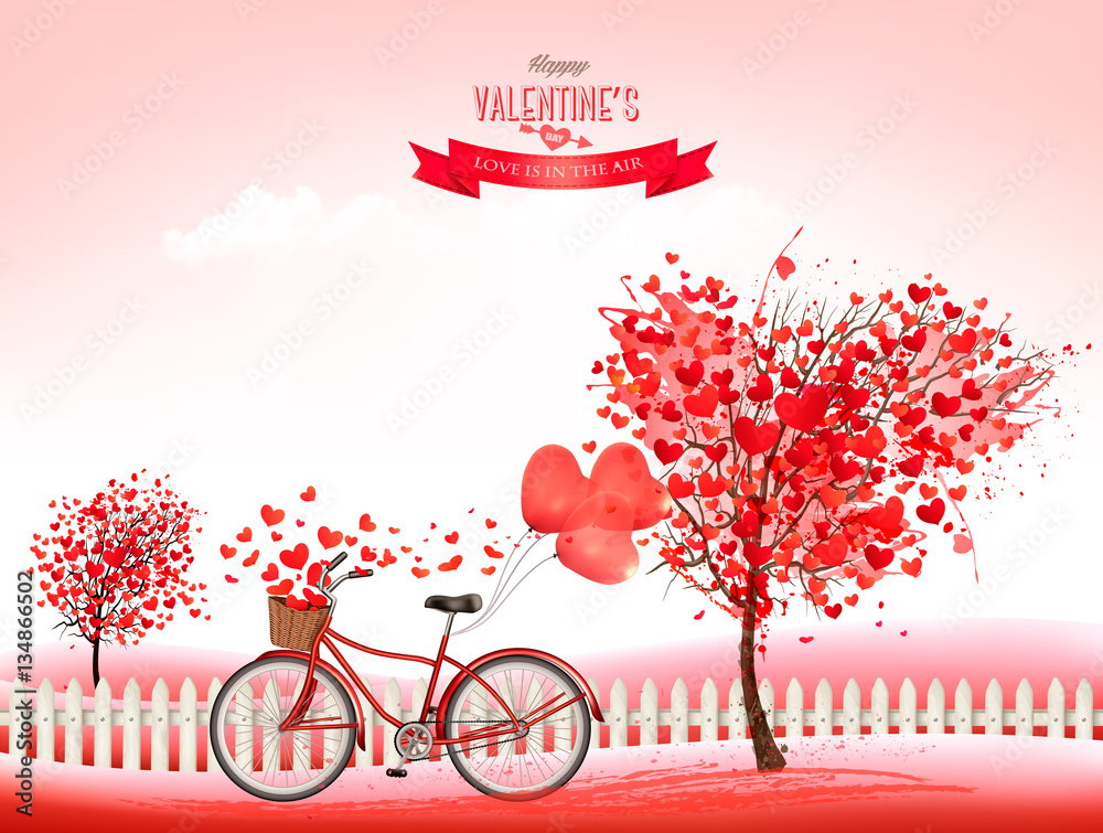 Poster valentine's day background with a heart shaped trees and a bicyc