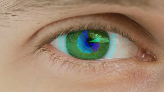 Close-up of eye with computer data and text overlayed. Zoom in centr. charts