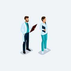 Isometric people, medical personnel, doctor, surgeon and nurse isolated on a light background. Vector illustration