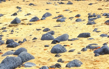 Heller Sandstrand mit schwarzen Basaltfelsen bei Budir, Snæfellsnes, Island / Iceland, Europa