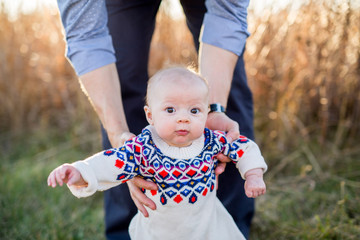 Baby supported by adults arms 