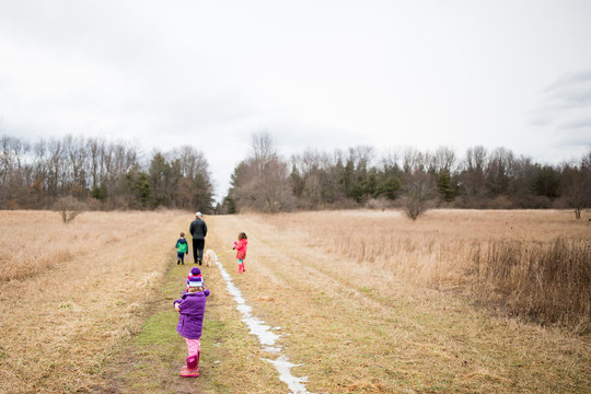 Family walking on forest trail