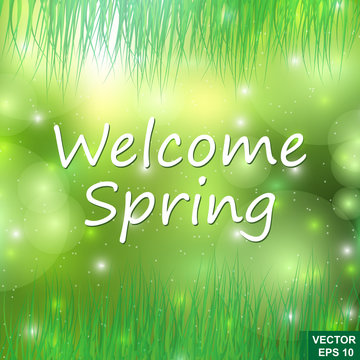 The inscription on a green background Hello Spring. Abstraktnyy.Teplo. Grass.