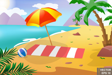 Fototapeta na wymiar Summer beach. Recreation. The sun. Landscape. Cartoon. For your design.