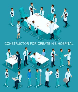 Business people isometric set to create his illustrations consultation in the hospital, doctors, nurses, surgeons 3D medical staff isolated on a blue background