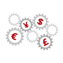 Rotating gears with currency symbols inside - dollar, euro, pound and yen. International finance system concept. Mechanism with money signs. Simple flat vector clip art.