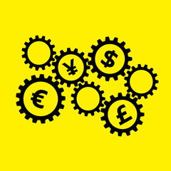 Rotating gears with currency symbols inside - dollar, euro, pound and yen. International finance system concept. Mechanism with money signs. Simple flat vector clip art.