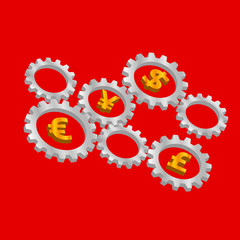 Rotating 3D gears with currency symbols inside - dollar, euro, pound and yen. International finance system concept. Mechanism with money signs on red background. Simple vector clip art.