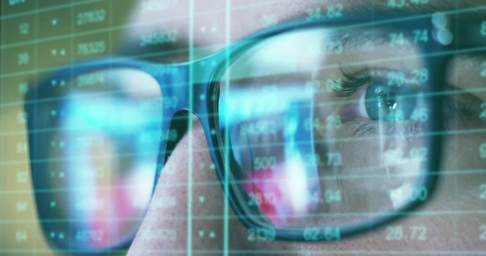 A young well dressed businessman behind the screen with waveform lines expressed concept of stock market, growth stock market, economic profits, stock exchange 