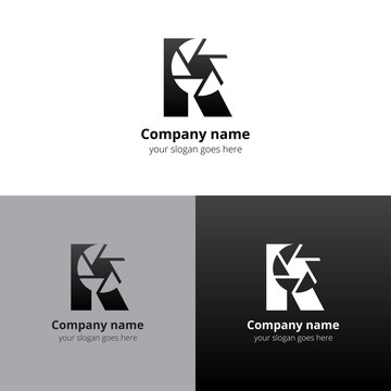 R letter with camera shutter logo icon flat and vector design template. Logotype with black-grey gradient color. Creative vision concept logo, elements, sign, symbol for card, brand, banners.