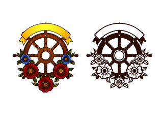 Vector  set of sea helm. Collection logo of sea wheel with flowers and ribbon