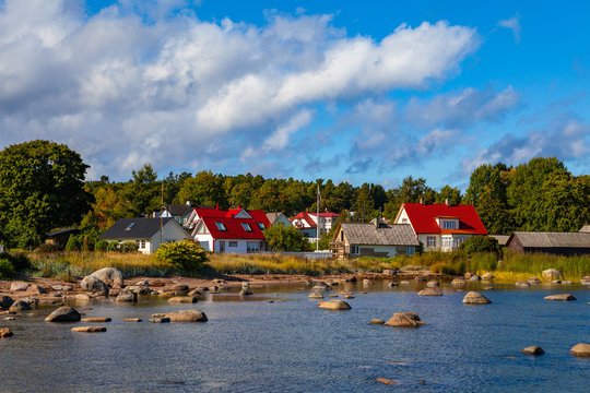 Harbour on the stoned coast of Baltic sea. Kasmu, village of captains, Estonia