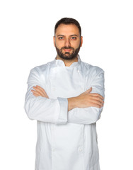 Young chef on white background.