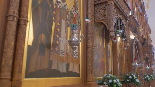 a Magnificent Golden Looking Christian Iconostasis, , Being Shot With a Traficking Right Steadicam Camera, on New Year`s Day in Ukraine