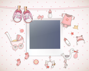 Baby girl shower card. Arrival card with place for your photo.