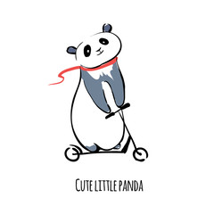 Cute panda bear on the scooter. Hand-drawn sketch.