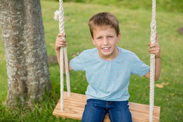 Happy boy sitting on a swing in park