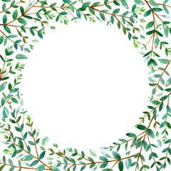 Fototapeta premium round frame with eucalyptus branches.green floral border.watercolor hand drawn illustration.