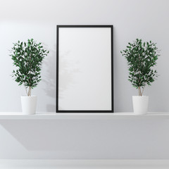 Mockup of blank frame poster and home flowers on the shelf. 3d rendering