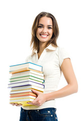 smiling woman with textbooks, isolated