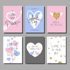 Valentine`s Day creative artistic hand drawn cards set. Vector illustration. Wedding, love, romantic template.