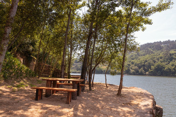 Picnic bench table by the river