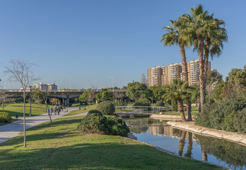 Obraz premium Turia River gardens Jardin del Turia, leisure and sport area. Pedestrian walk way and artificial water channel. Valencia, Spain