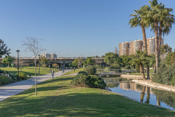 Fototapeta na wymiar Turia River gardens Jardin del Turia, leisure and sport area. Pedestrian walk way and artificial water channel. Valencia, Spain