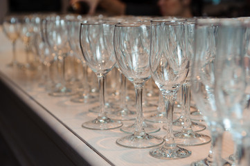 Close up empty glasses in restaurant natural light