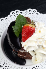 Chocolate yule log christmas cake. Valentine day cake with straw