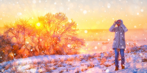 Falling Snow and Sunset