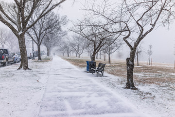 Winter snow storm with person walking on sidewalk on West Potoma