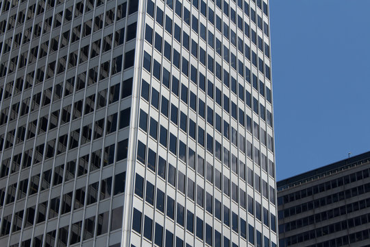 Close up of Financial Buildings stretch up to the blue sky
