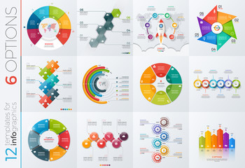 Collection of 12 vector templates for infographics with 6 options for presentations, advertising, layouts, annual reports - obrazy, fototapety, plakaty