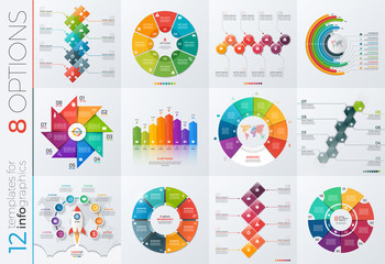 Collection of 12 vector templates for infographics with 8 options for presentations, advertising, layouts, annual reports