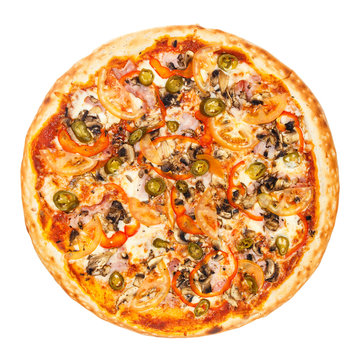 Delicious classic Mexican pizza with bacon, mushrooms, peppers, onion, tomatoes, Jalapenos and cheese
