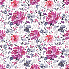 Seamless pattern with summer flowers, buds and leaves.