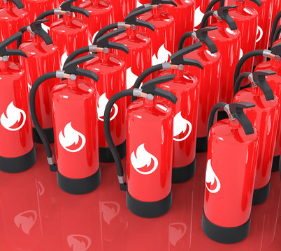 3D Isolated Red Fire Extinguishers Danger Safety Concept Illustr