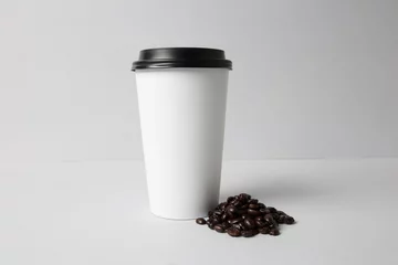 Foto op Plexiglas Koffie White paper cup with coffee beans