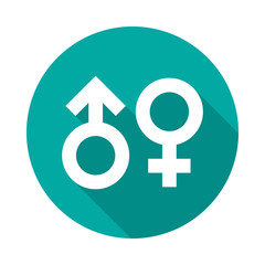 Obraz premium Gender symbol icon with long shadow. Flat design style. Round icon. Standard sex symbol silhouette. Simple circle icon. Modern flat icon in stylish colors. Web site page and mobile app design element.
