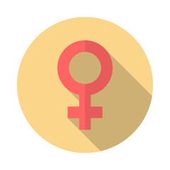 Female sex symbol icon with long shadow. Flat design style. Gender symbol silhouette. Simple red icon. Modern flat icon in stylish colors. Web site page and mobile app design element. Venus symbol.