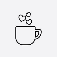 cup of coffee tea hot with hearts steam line icon black on white