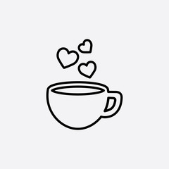 cup of coffee tea hot with hearts steam line icon black on white