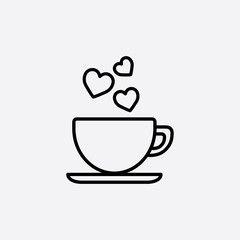 cup of coffee tea hot with hearts steam line icon black on white
