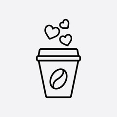 glass coffee cup with coffee bean and hears steam line icon black on white