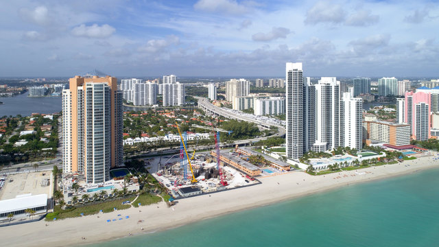 Aerial drone image of a beachfront construction site in Sunny Isles Beach FL, USA