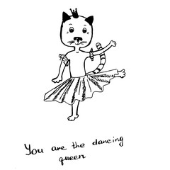 Vector hand drawn card of funny dancing cat. An idea for a card.