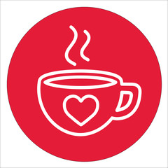 cup of coffee tea hot with hearts steam white line icon on red circle